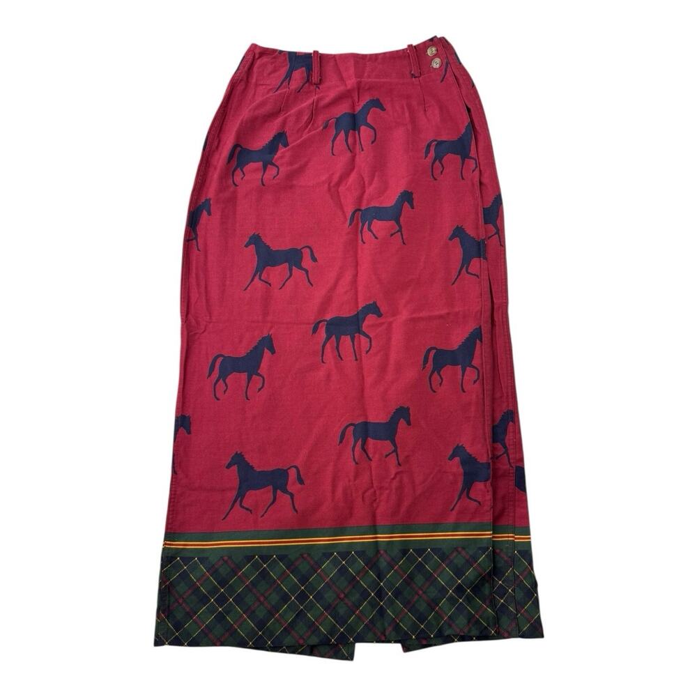 Vtg‎ Bushwacker USA Red Blue Brushed Cotton Long Maxi Equestrian Horses Skirt 8